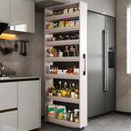 Moderner Buffetschrank aus Holz mit offenen Regalen und Rollen