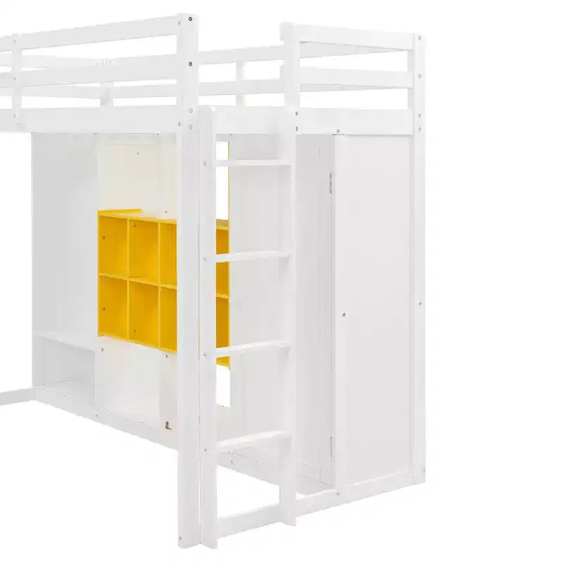 Kinder-Hochbett mit Kleiderschrank und Regalen, Hochbettgestell aus Holz mit Stauraumschrank für Kinder und Jugendliche
