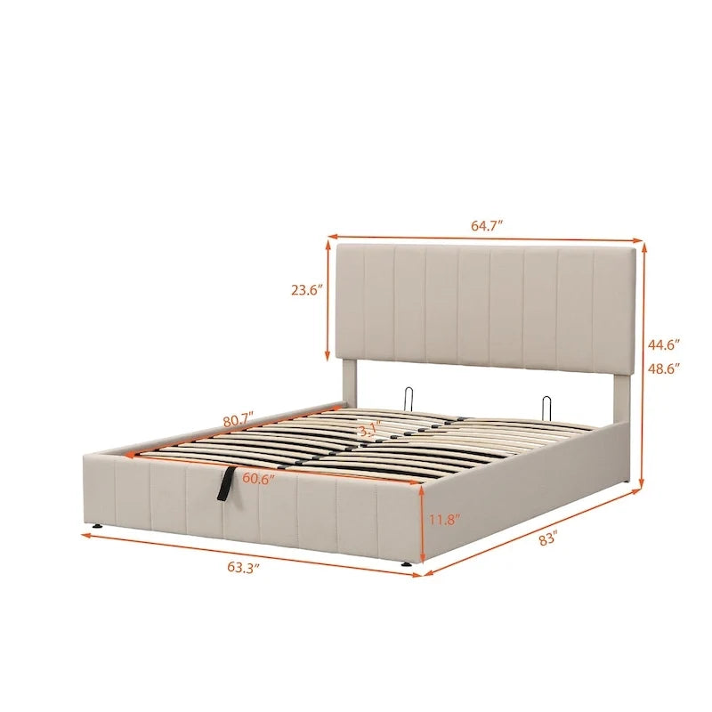 Lit plateforme queen-size rembourré avec système de rangement hydraulique - beige