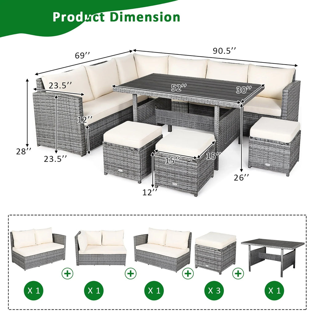 Costway Ensemble repas de jardin en rotin de 7 pièces, canapé d’angle, canapé et pouf — Voir les détails