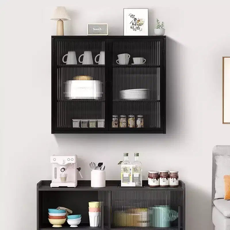Moderner 2-türiger Wandschrank von Okak mit 3-stufigem Stauraum und Glastüren für Eingangsbereich, Esszimmer, Wohnzimmer oder Küche
