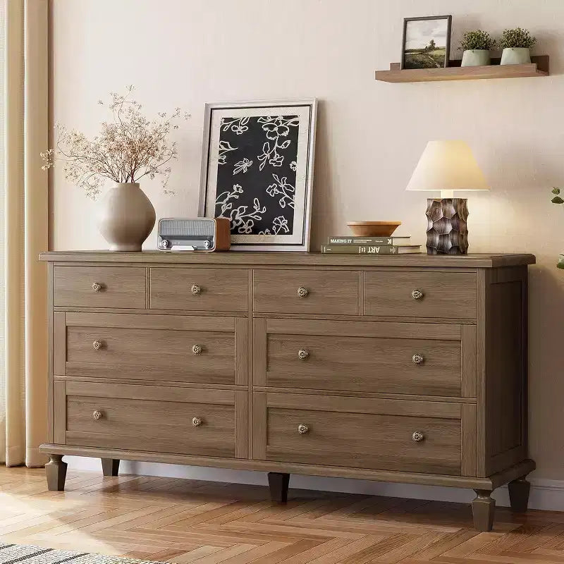 Ladekast met 8 laden voor de slaapkamer, vintage ladekast van 59 inch en tv-meubel met gebeeldhouwde handgrepen en taps toelopende poten, houten ladekast met ruime opbergruimte