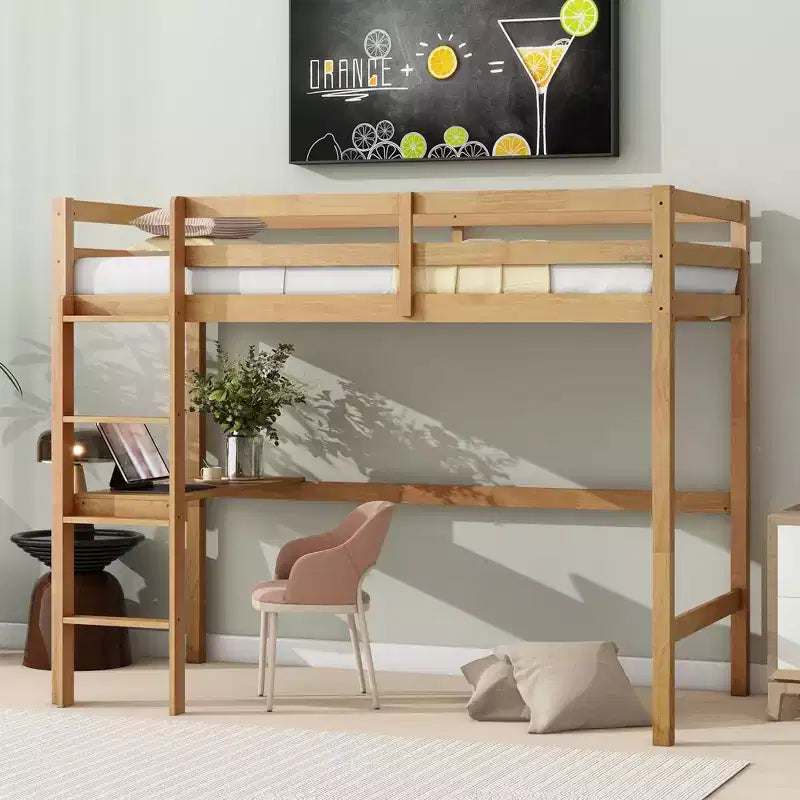 Okak Hochbett im minimalistischen Loft-Stil mit Leiter, Hochbett aus Gummibaumholz für eine Person mit Sicherheitsgeländer und integriertem Schreibtisch, Bettgestell für Kinder und Jugendliche