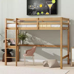 Okak Hochbett im minimalistischen Loft-Stil mit Leiter, Hochbett aus Gummibaumholz für eine Person mit Sicherheitsgeländer und integriertem Schreibtisch, Bettgestell für Kinder und Jugendliche