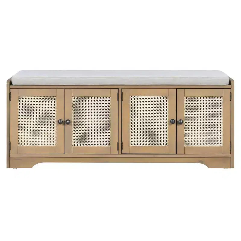 Banc de rangement rustique en bois Whisen, banc à chaussures pour entrée avec coussin amovible et étagères réglables
