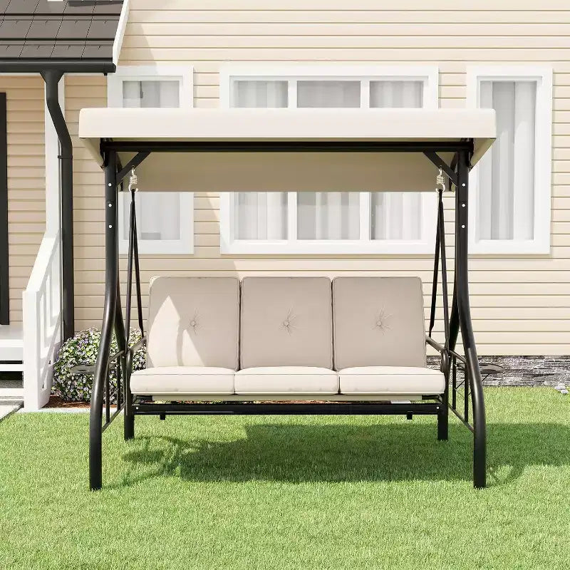 Balançoire d’extérieur convertible 2-en-1 pour 3 personnes avec auvent réglable, lit balançoire de terrasse avec support, coussins épais et porte-gobelets, pour jardin, cour et porche
