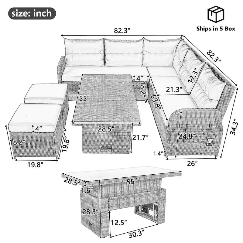 Ensemble de meubles d’extérieur en rotin avec table réglable, fauteuils inclinables et 2 poufs