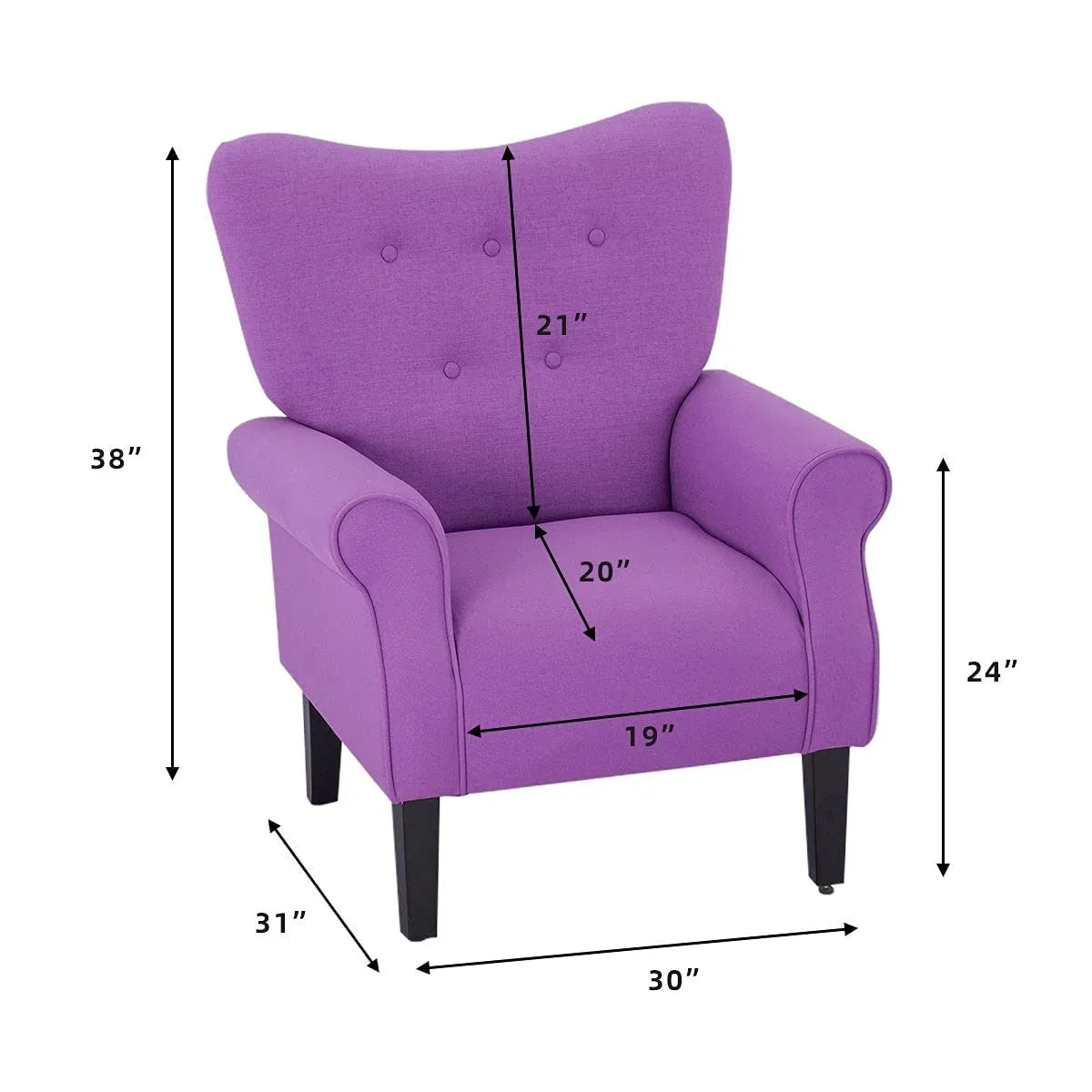 Erommy moderne accentstoel, fauteuil met hoge rugleuning, gestoffeerde stoffen fauteuil met knopen en houten poten voor de woonkamer