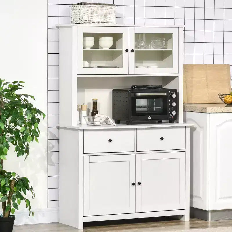 HOMCOM Küchenbuffet mit Aufsatz, 63,5 Zoll, Vorratsschrank mit 4 Regalböden, Schubladen, gerahmten Glastüren und offener Arbeitsfläche für die Mikrowelle