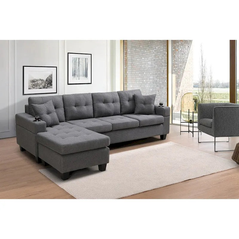 Ecksofa für das Wohnzimmer mit L-förmiger Chaiselongue und Getränkehalter