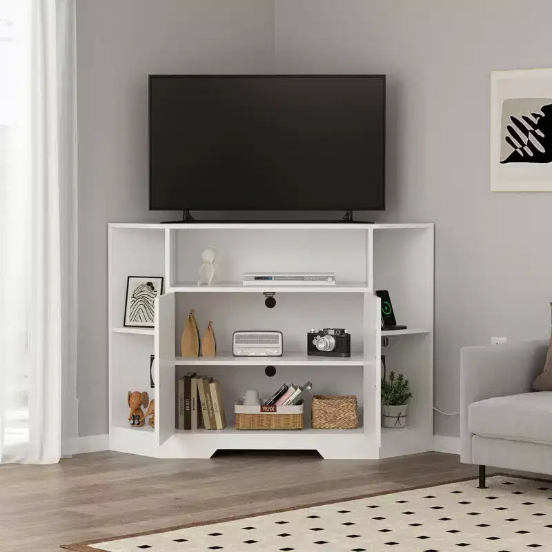 Eck-TV-Ständer für Fernseher bis 55 Zoll, Medienkonsole im Landhausstil mit Scheunentür, offenen Regalen und Stauraumschrank, Weiß