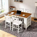 Homy Casa 5-delige eettafel- en stoelenset op aanrechthoogte met opbergplanken, wit en walnoot, moderne landelijke stijl