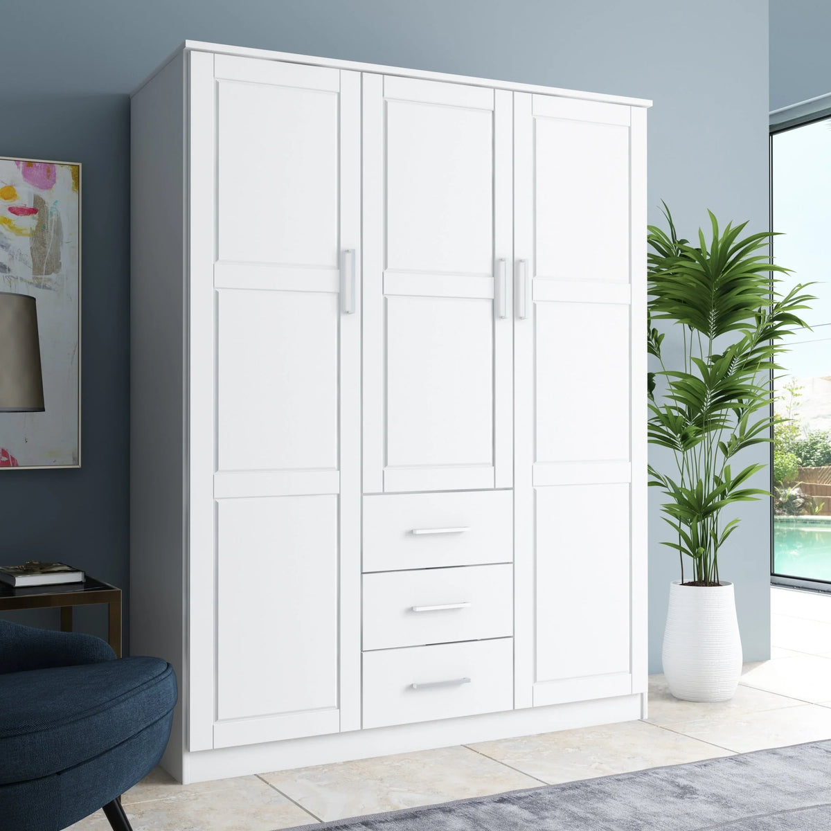 Palace Imports Cosmo 3-türiger Kleiderschrank aus 100 % Massivholz mit Türen aus Massivholz oder Spiegelglas