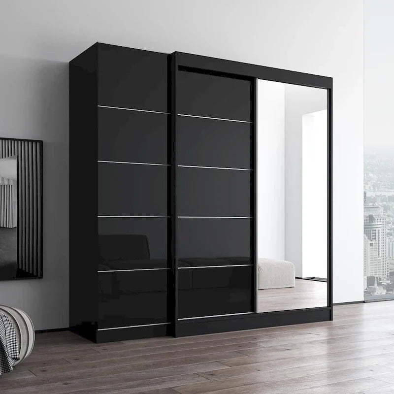 Armoire à 2 portes avec miroir, façade en verre, pour 2 personnes (gris / noir / blanc)