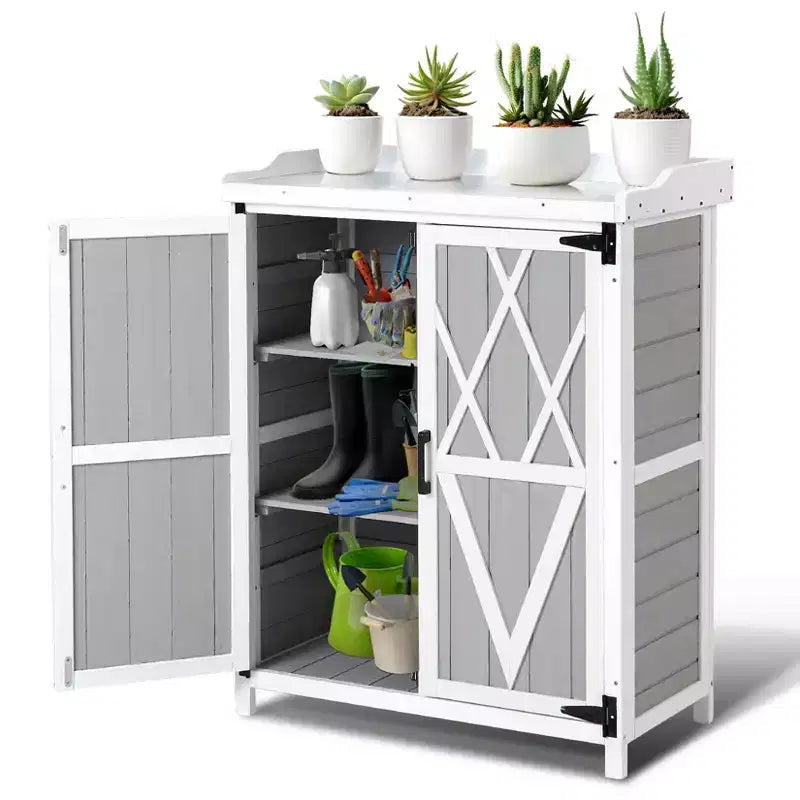 Armoire de rangement extérieur, établi de rempotage – poste de travail de jardin en bois imperméable avec plateau galvanisé, étagères réglables pour cour, terrasse ou pelouse