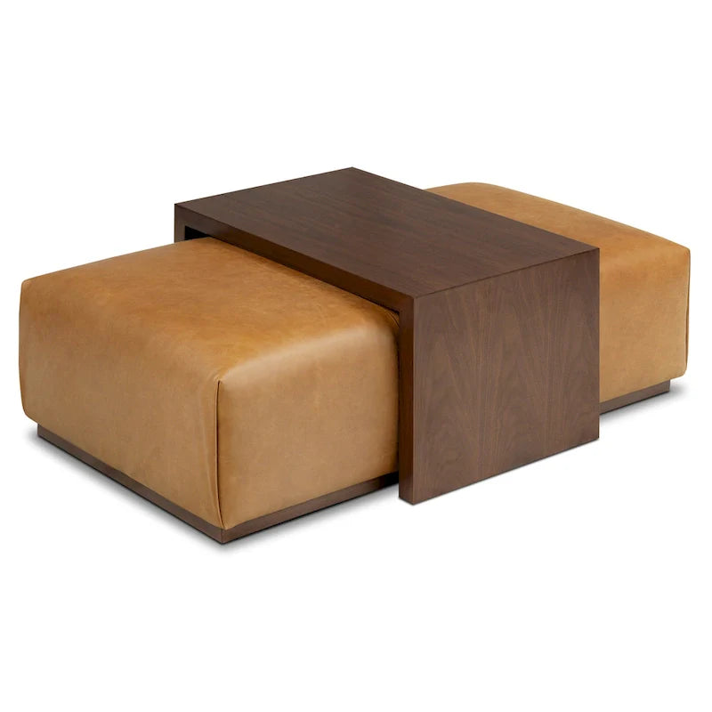 Pouf Poly & Bark Jarmo avec table en noyer réglable – véritable cuir italien pleine fleur
