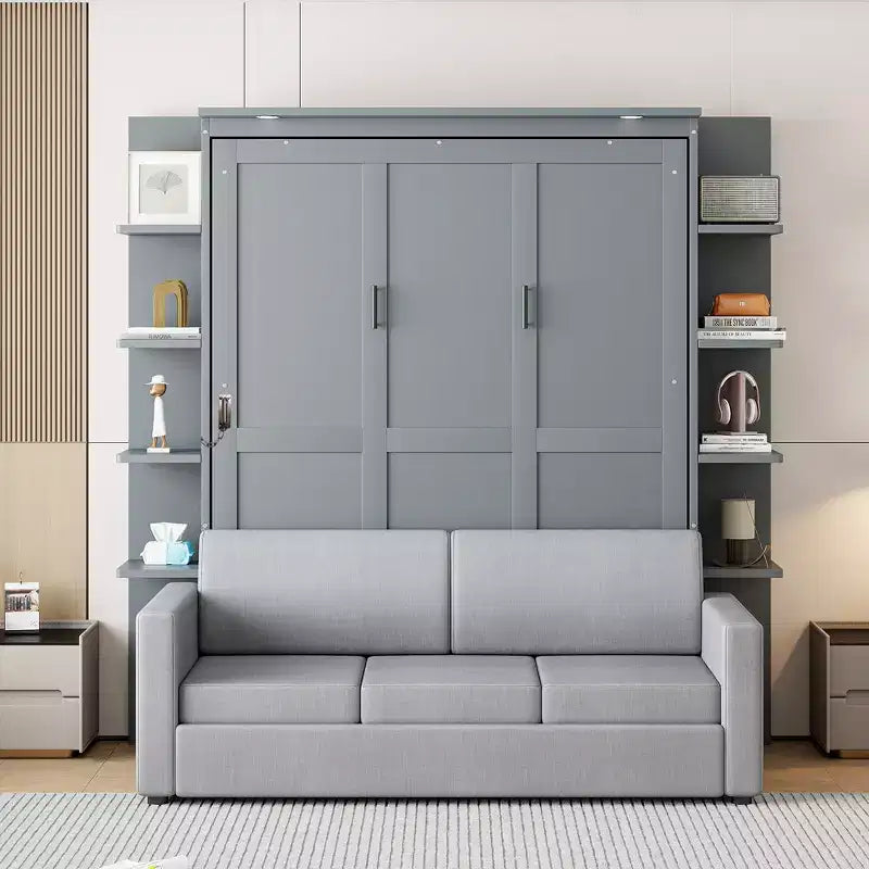 Lit escamotable mural queen size avec canapé, lit armoire pliant queen size avec bibliothèque et étagères pour chambre d’amis ou bureau