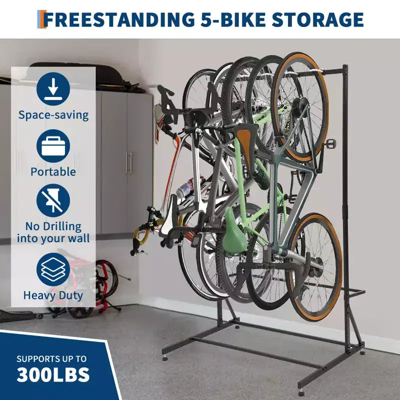 Freistehender Fahrradständer für 5 Fahrräder mit einer hohen Tragfähigkeit von 300 lb, robuster Organizer für die sichere und stabile Aufbewahrung von Fahrrädern in Vorgärten und Hinterhöfen
