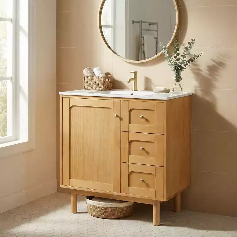 JVNOXK 30-inch rustiek-moderne keramische wastafelkast met 3 laden en 1 grote deur met softclose, opbergkast, natuurlijke houtnerf