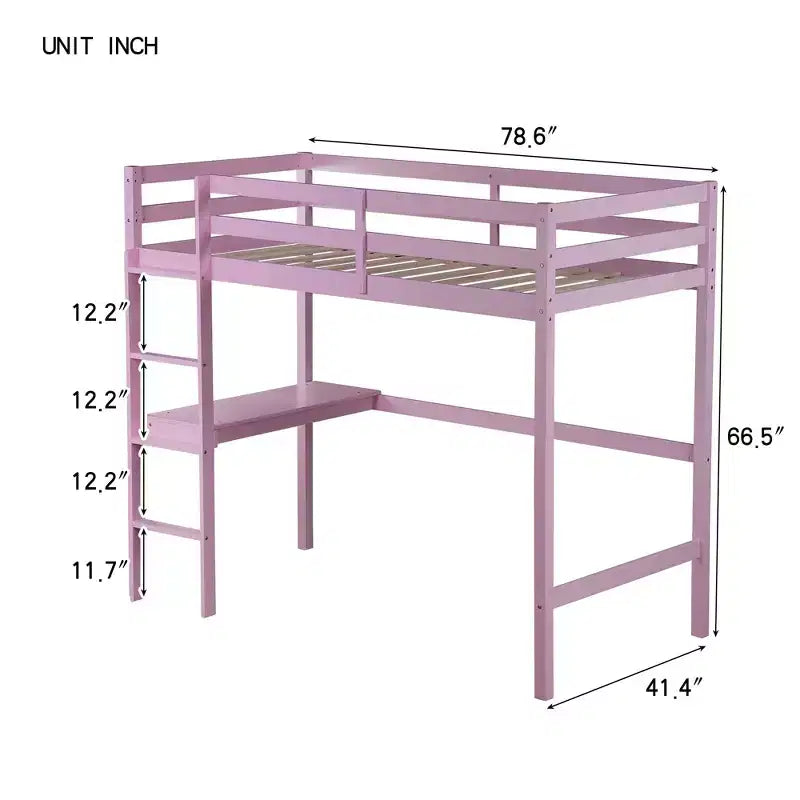 Okak Hochbett im minimalistischen Loft-Stil mit Leiter, Hochbett aus Gummibaumholz für eine Person mit Sicherheitsgeländer und integriertem Schreibtisch, Bettgestell für Kinder und Jugendliche