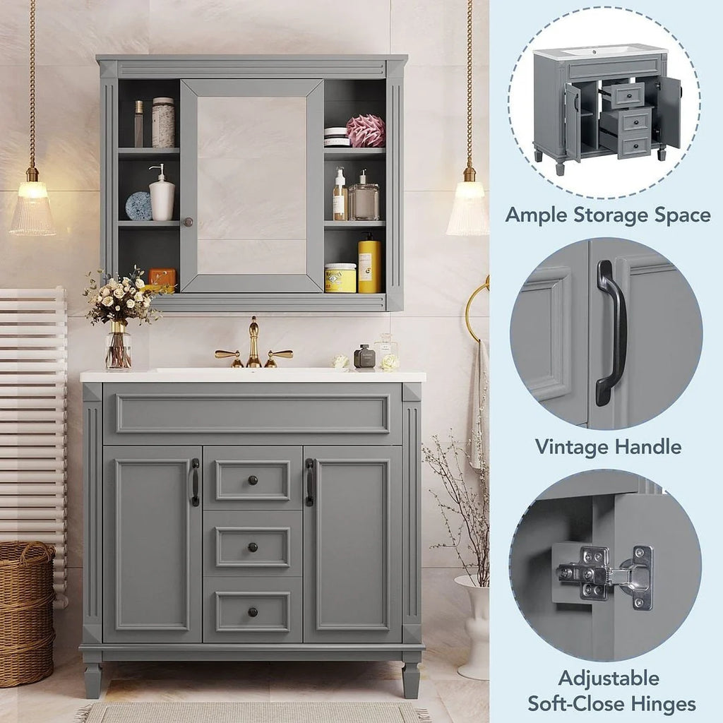 Meuble-lavabo moderne de salle de bains de 36 po avec vasque sur plan, armoire à miroir, 2 portes et 2 tiroirs