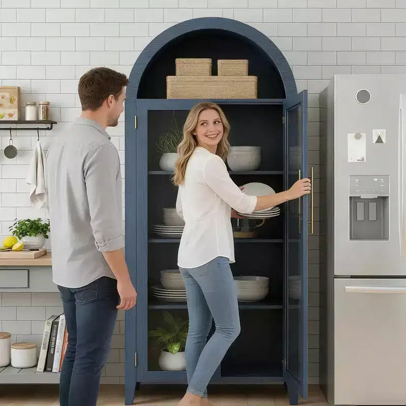 Armoire de rangement haute et cintrée avec portes vitrées, bibliothèque d’exposition à 5 niveaux avec étagères réglables pour la cuisine ou le salon