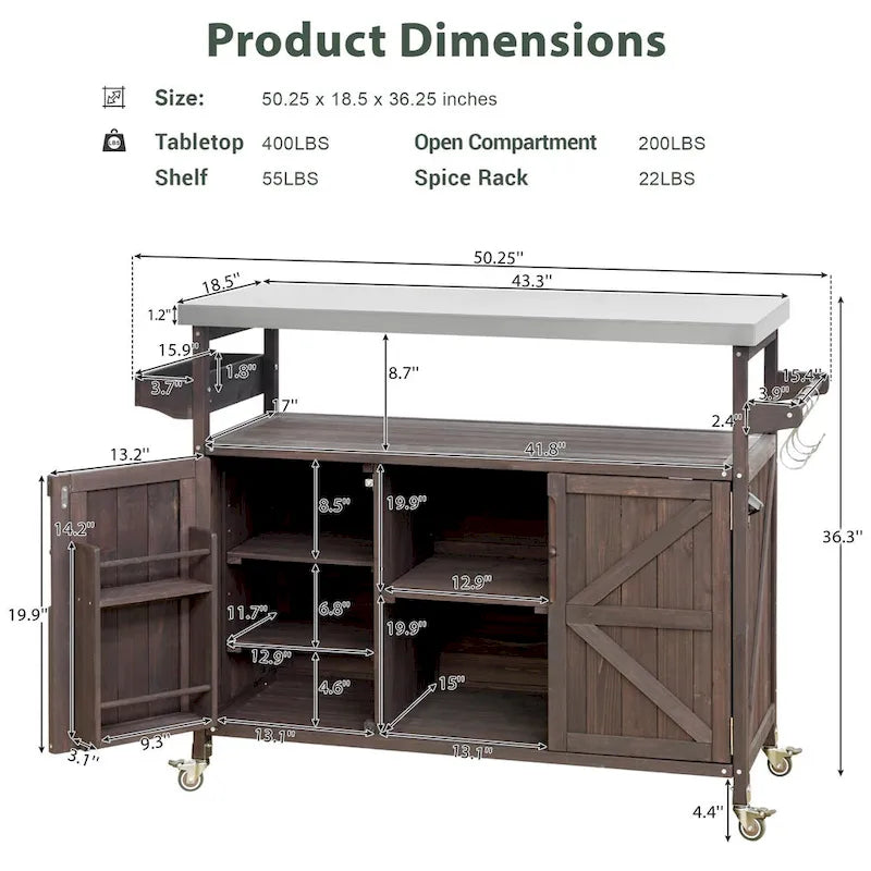 Outdoor-Kücheninsel, rollbarer Barwagen und Aufbewahrungsschrank, Grilltisch aus Massivholz mit Edelstahlplatte, Gewürzregal und Handtuchhalter
