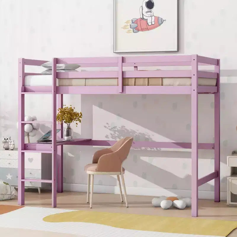Okak Hochbett im minimalistischen Loft-Stil mit Leiter, Hochbett aus Gummibaumholz für eine Person mit Sicherheitsgeländer und integriertem Schreibtisch, Bettgestell für Kinder und Jugendliche