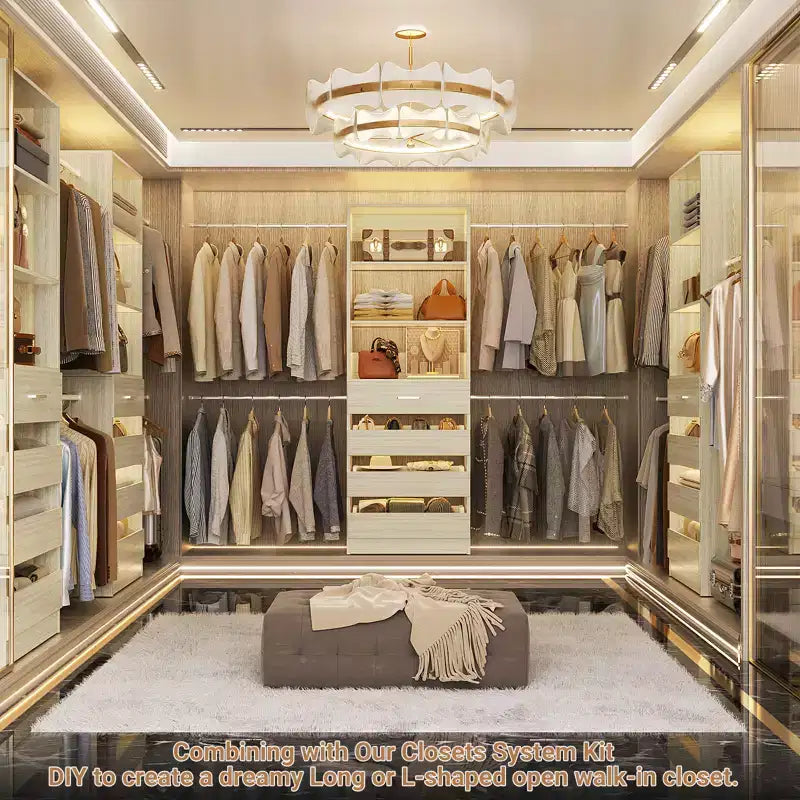 Besiost Holz-Kleiderschrank-Organizersystem für 1,2–2,7 m mit 4 Schubladen, 4 Kleiderstangen und Regaltürmen