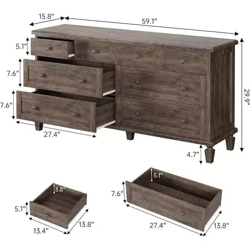 Ladekast met 8 laden voor de slaapkamer, vintage ladekast van 59 inch en tv-meubel met gebeeldhouwde handgrepen en taps toelopende poten, houten ladekast met ruime opbergruimte