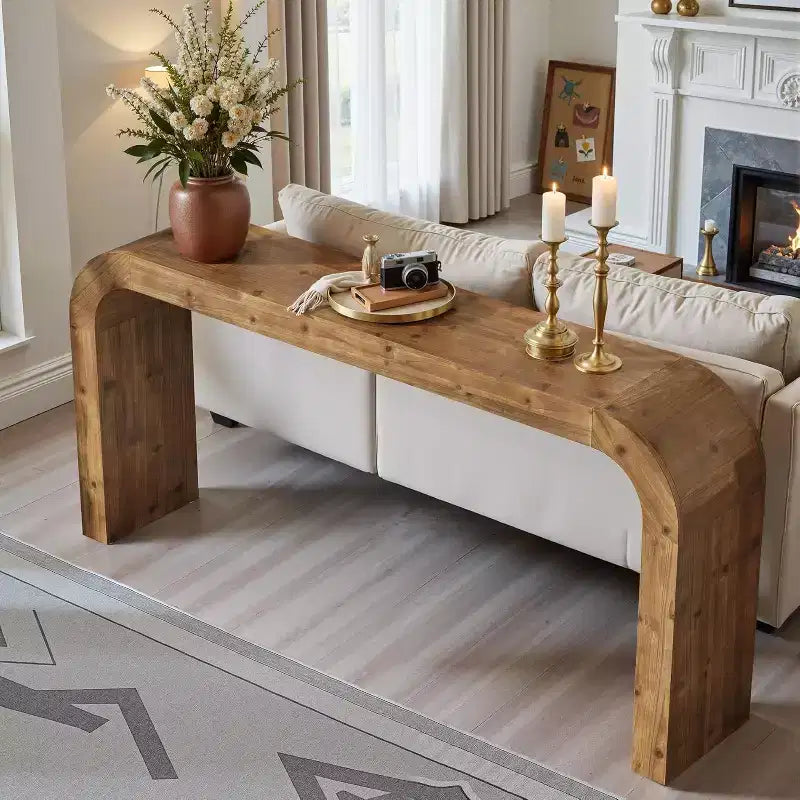 Console de table Lantine de 70,87 pouces en bois massif, table de canapé de style champêtre avec angles en cascade pour couloir, salon ou derrière le canapé, bois naturel