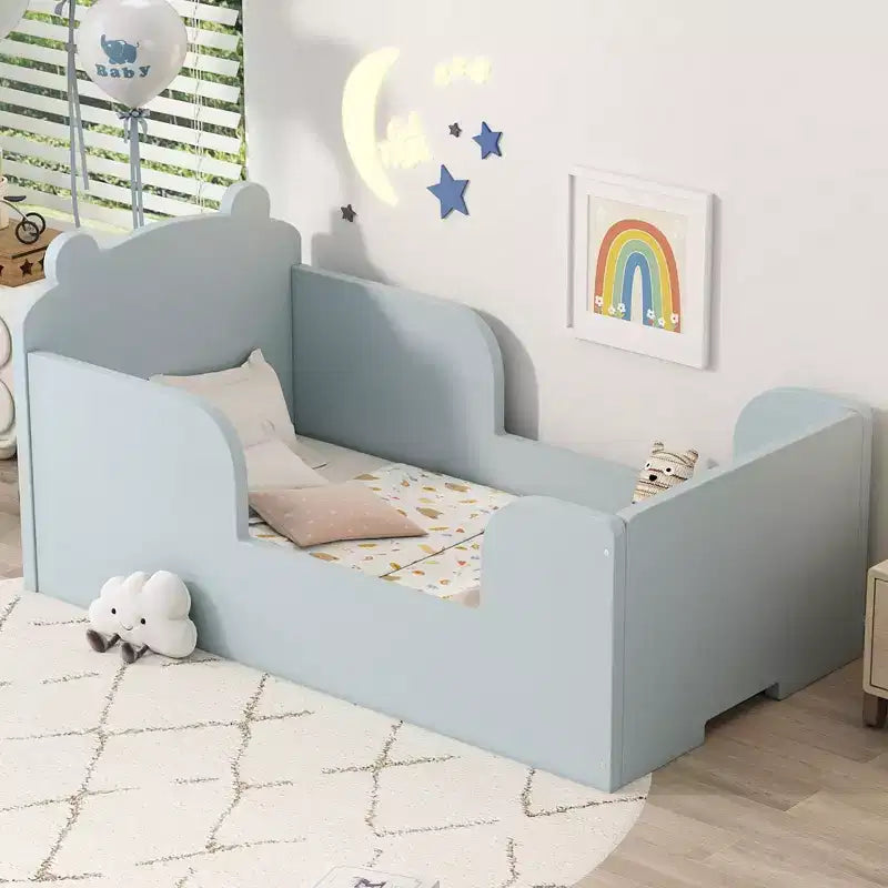 Okak vloerbed in de vorm van een beer voor kinderen van 3-6 jaar, peuterbedframe met veiligheidshekje, schattig kinderbed in de vorm van een dier
