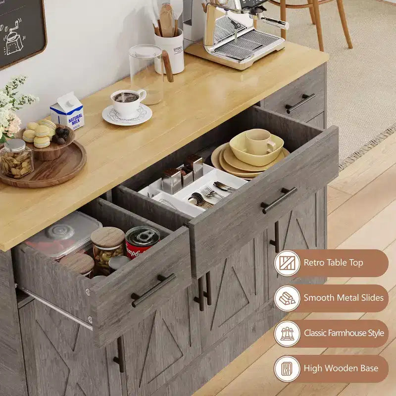 Buffet de rangement Celebalcony, grand meuble de cuisine de 53,4 pouces avec 3 tiroirs et 4 portes, étagère réglable pour la cuisine et le salon