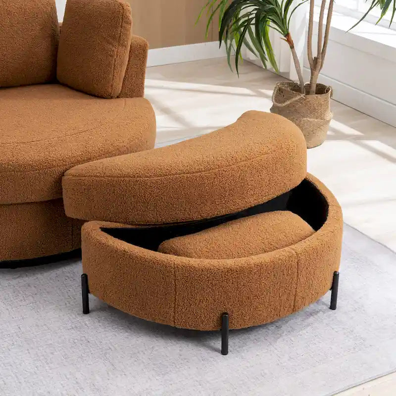 42,3W gestoffeerde draaifauteuil met 4 kussens en halvemaanvormige opberghocker