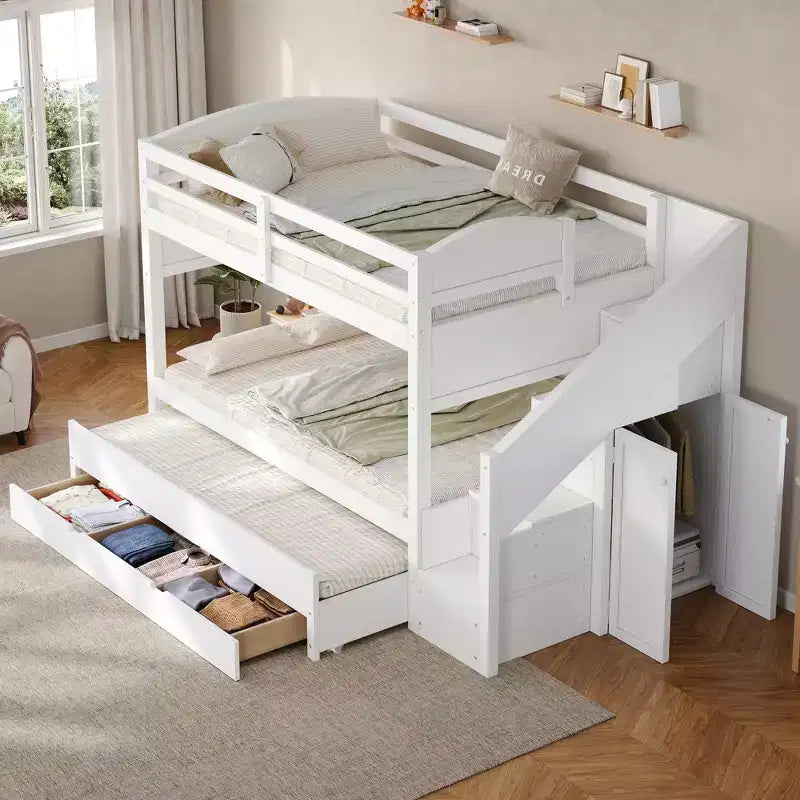Cadre de lit superposé Whisen Twin XL avec lit gigogne, rangement, escalier de rangement en bois massif, armoire et 3 tiroirs, pour enfants