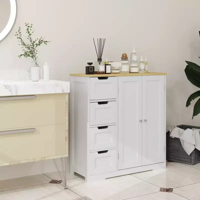 HOMCOM Bathroom Floor Cabinet with Adjustable Shelf, Freestanding Bathroom Storage Cabinet with 4 Drawers and 2 Doors, White