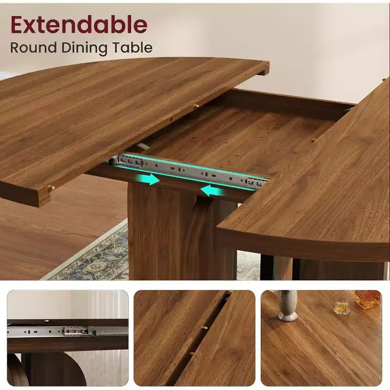 Table à manger ronde extensible de 47 à 63 po pour 4 à 8 personnes, table de cuisine extensible en bois de style champêtre avec structure en métal, table ovale gain de place pour appartement, gris rétro