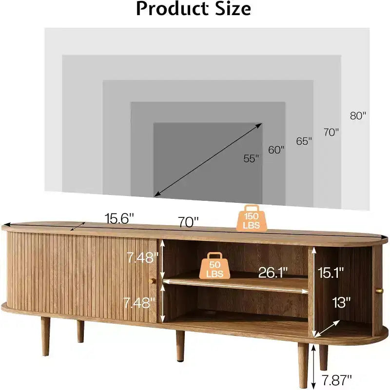 AMERLIFE tv-meubel voor 70-inch tv met poten van massief hout, moderne tv-console in mid-century-stijl met tambourdeur