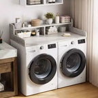 Wood Washer and Dryer Topper, 54 Laundry Countertop with 2-Tier Storage Shelf, Anti-Slip Work Surface with Guardrails for Laundry Organization