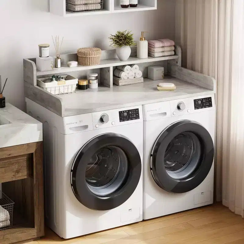 Wood Washer and Dryer Topper, 54 Laundry Countertop with 2-Tier Storage Shelf, Anti-Slip Work Surface with Guardrails for Laundry Organization