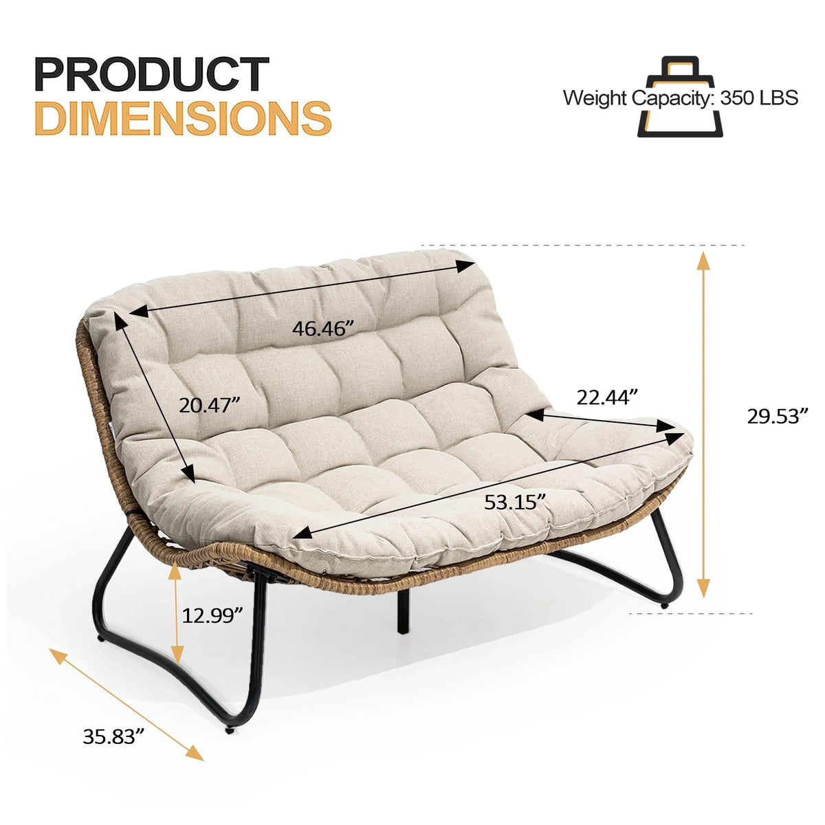 Fauteuil double Papasan avec coussin, rotin PE toutes saisons et structure en métal, pour intérieur et extérieur