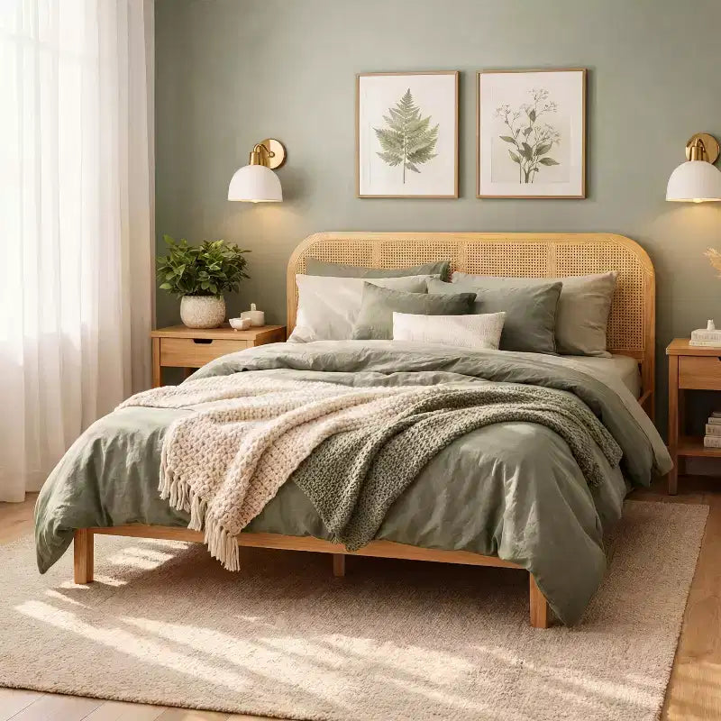 Christopher Knight Home Callahan modern boho houten bedframe met lattenbodem en rotan hoofdbord