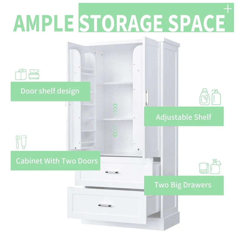 Armoire haute de rangement pour salle de bains, avec deux portes et tiroirs, étagère réglable, panneau MDF