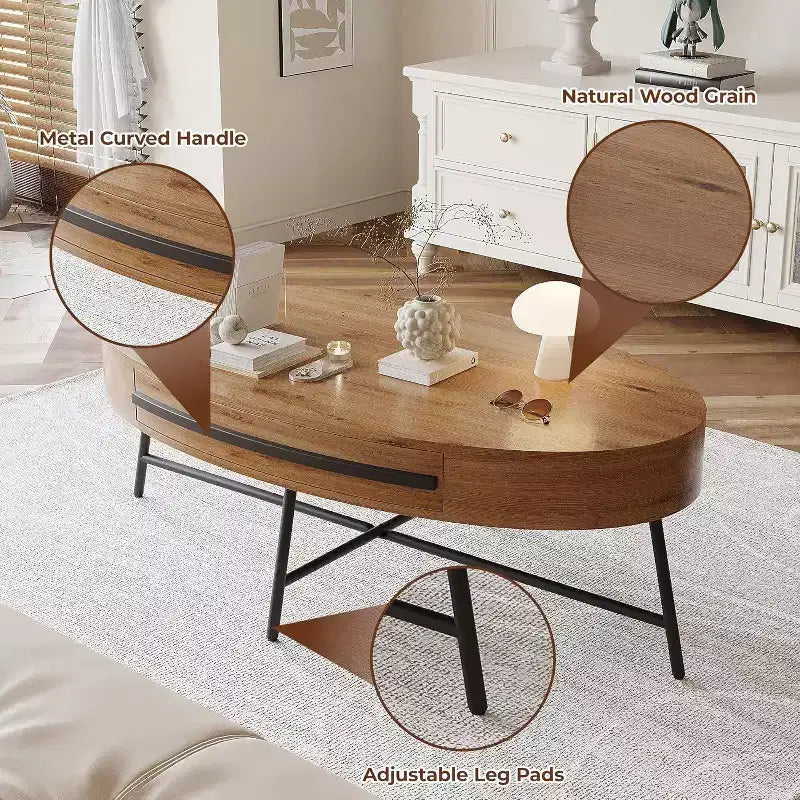 Acekool ovale salontafel met lade, houten opbergtafel van 47,2 met metalen kruispoten, moderne tafel in mid-century-stijl in naturel en goudkleurig wilgenhout