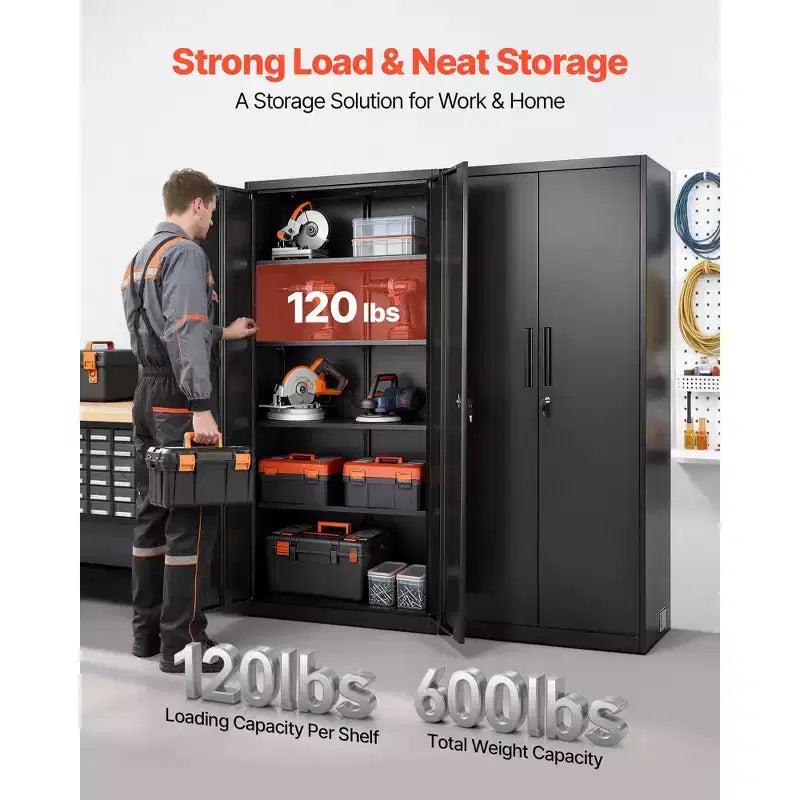 Armoire de rangement métallique VEVOR, armoire de garage en acier verrouillable de 68,9 pouces avec 4 étagères réglables, 2 portes magnétiques, 2 clés et 5 niveaux de rangement pour outils, noire