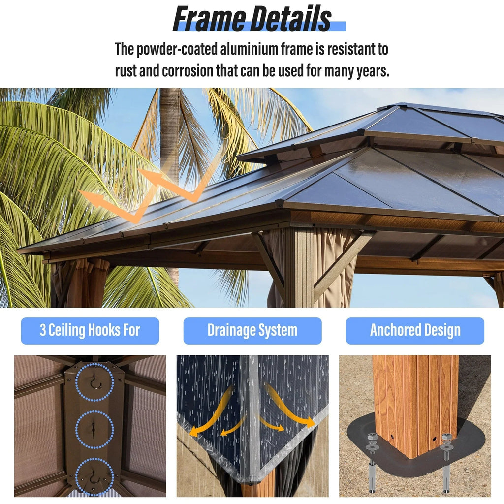 EROMMY Pavillon mit festem Dach, Outdoor-Pergola mit Doppeldach, Netzvorhängen und Vorhängen, robustes Vordach für Terrasse, Garten und Poolpartys