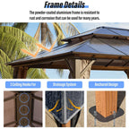 EROMMY Pavillon mit festem Dach, Outdoor-Pergola mit Doppeldach, Netzvorhängen und Vorhängen, robustes Vordach für Terrasse, Garten und Poolpartys