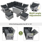 Ensemble de meubles d’extérieur en rotin avec table réglable, fauteuils inclinables et 2 poufs