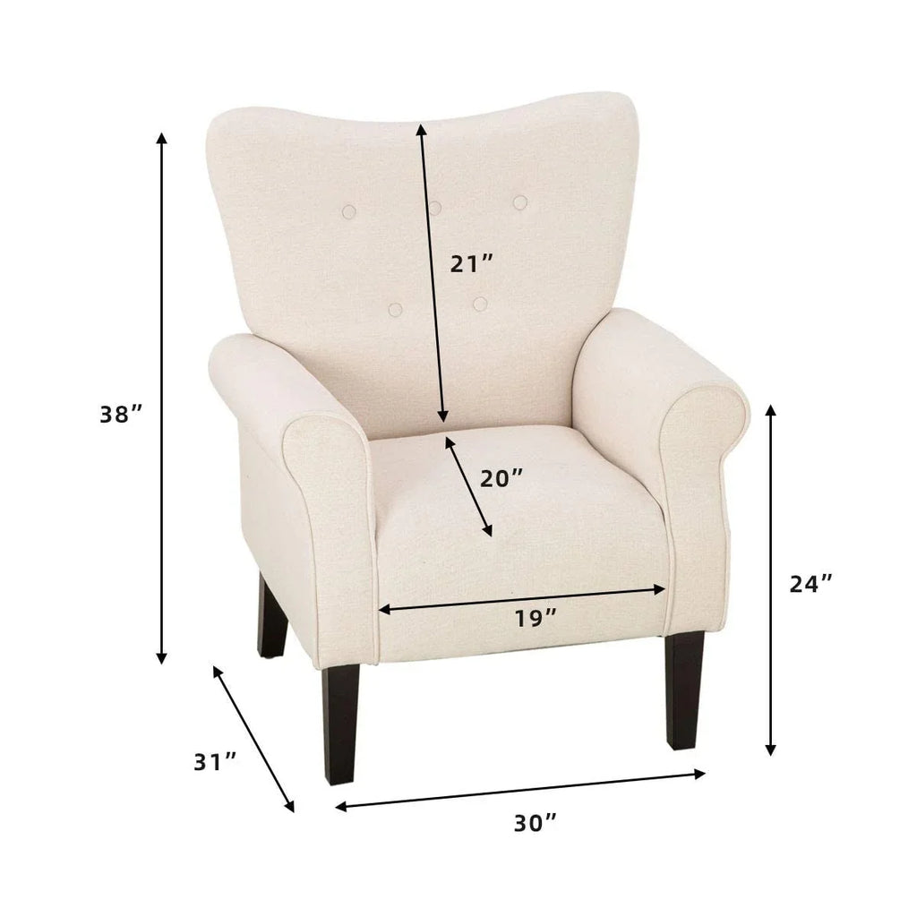 Erommy moderne accentstoel, fauteuil met hoge rugleuning, gestoffeerde stoffen fauteuil met knopen en houten poten voor de woonkamer