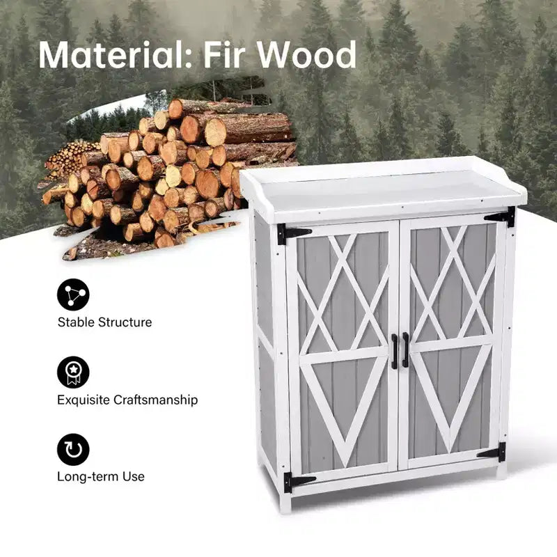 Armoire de rangement extérieur, établi de rempotage – poste de travail de jardin en bois imperméable avec plateau galvanisé, étagères réglables pour cour, terrasse ou pelouse